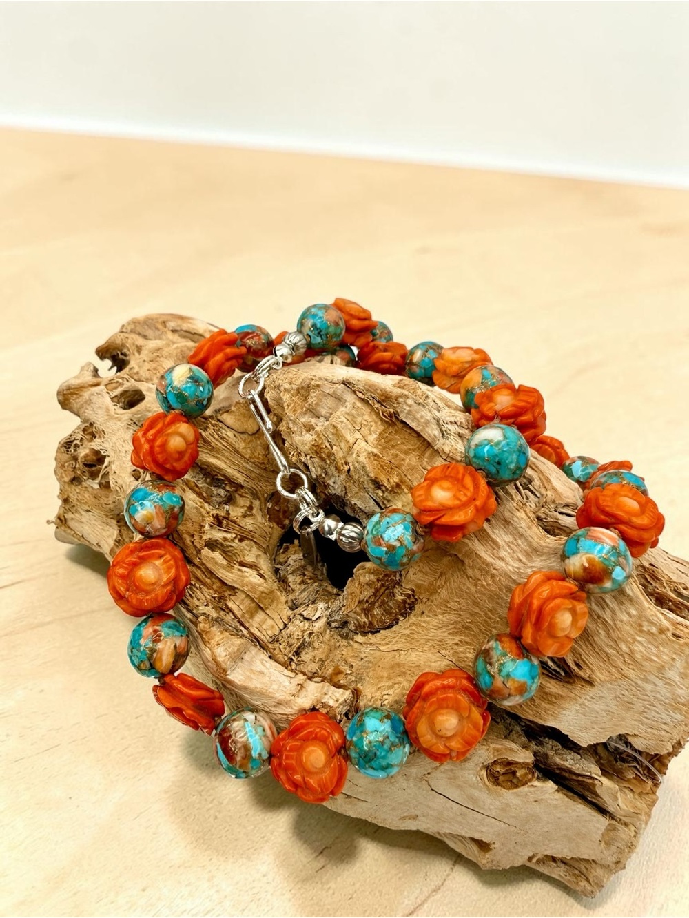 Artisan Spiny Oyster Mohave Copper Turquoise Coral Roses Sterling Necklace 18” - Picture 14 of 17